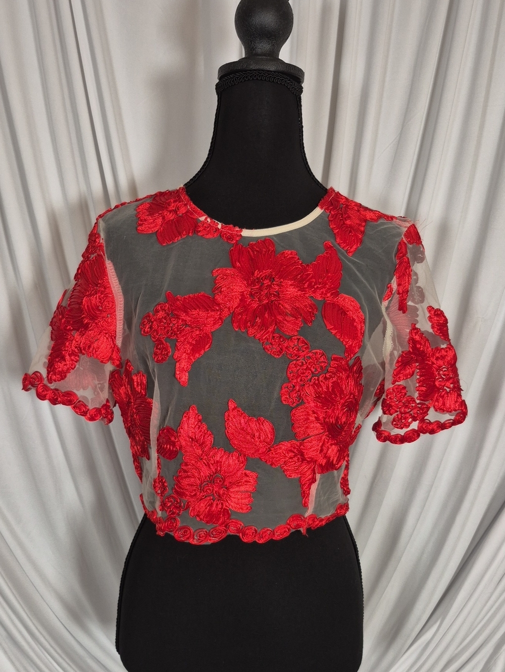 L'ATISTE Red Floral Embroidered Sheer Crop Top